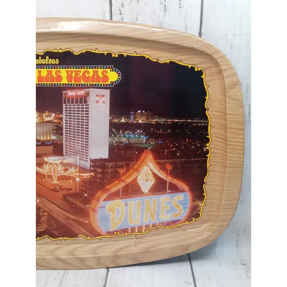 Vtg Las Vegas Strip Tin Tray Birdseye Night View Flamingo Hilton Dunes Caesars